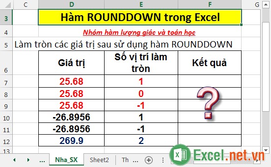 Hàm ROUNDDOWN - Hàm làm tròn số xuống, tiến tới không trong Excel