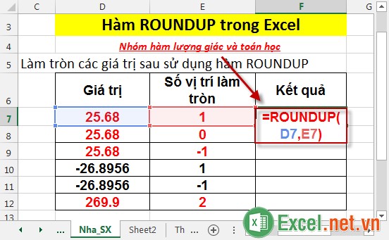 Hàm ROUNDUP trong Excel 2