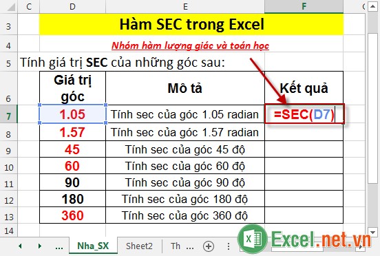 Hàm SEC trong Excel 2