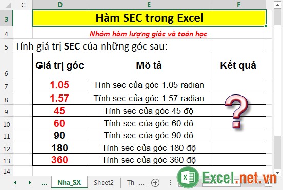 Hàm SEC - Hàm trả về giá trị sec của 1 góc trong Excel