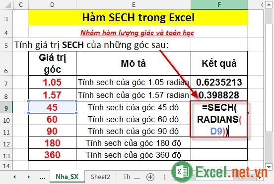 Hàm SECH trong Excel 5