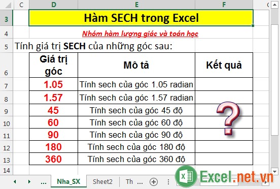 Hàm SECH trong Excel