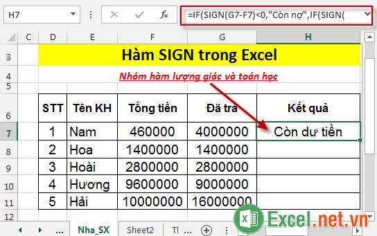 Hàm SIGN - Hàm trả về dấu của 1 số trong Excel