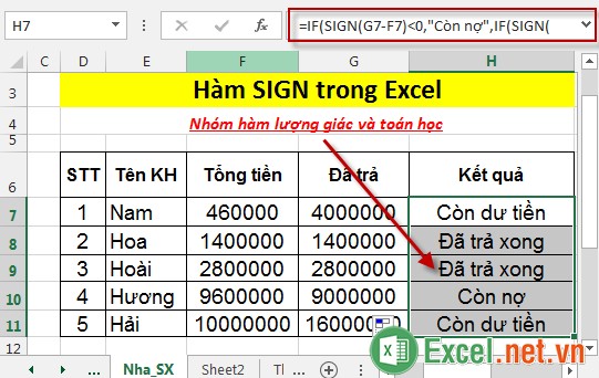 Hàm SIGN trong Excel 4