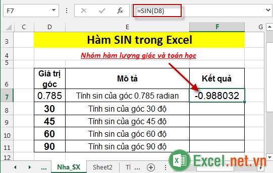 Hàm SIN trong Excel 3