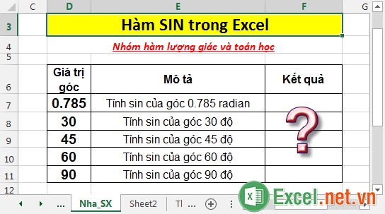 Hàm SIN - Hàm trả về giá trị sin của 1 góc trong Excel