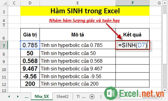 Hàm SINH trong Excel 2