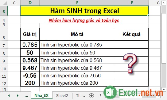 Hàm SINH - Hàm trả về giá trị sin hyperbolic của 1 số trong Excel