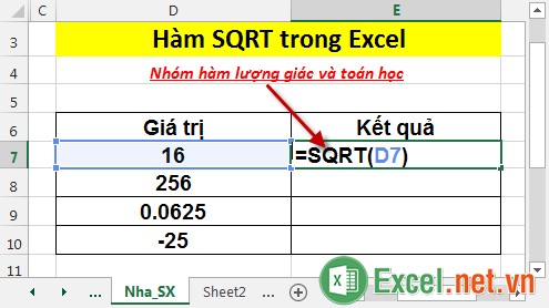 Hàm SQRT trong Excel 2
