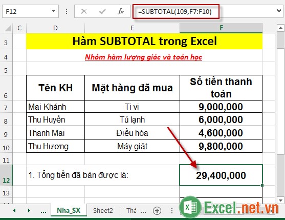 Hàm SUBTOTAL trong Excel 3