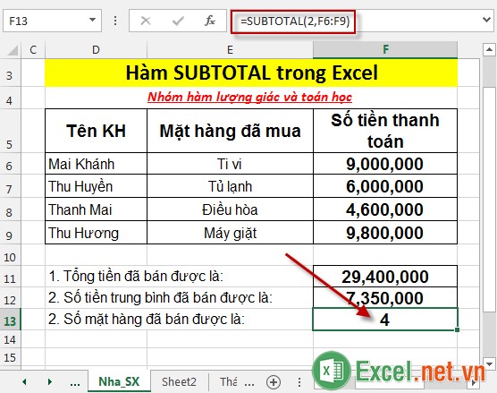 Hàm SUBTOTAL trong Excel 5