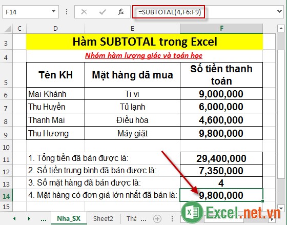 Hàm SUBTOTAL trong Excel 6