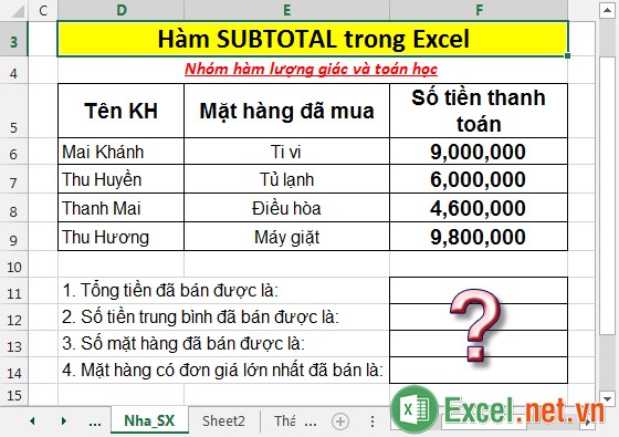 Hàm SUBTOTAL - Hàm trả về tổng phụ trong 1 danh sách hoặc 1 cơ sở dữ liệu trong Excel