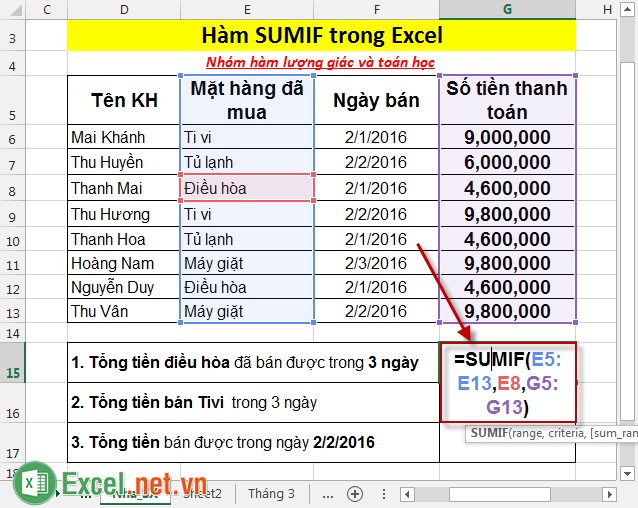 Hàm SUMIF trong Excel 2