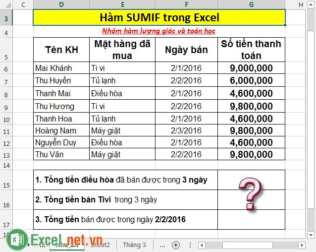 Hàm SUMIF - Hàm tính tổng có điều kiện các giá trị trong Excel