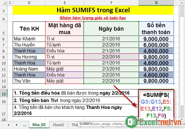 Hàm SUMIFS trong Excel 2