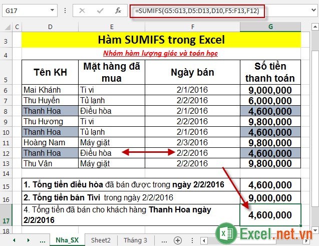Hàm SUMIFS trong Excel 5