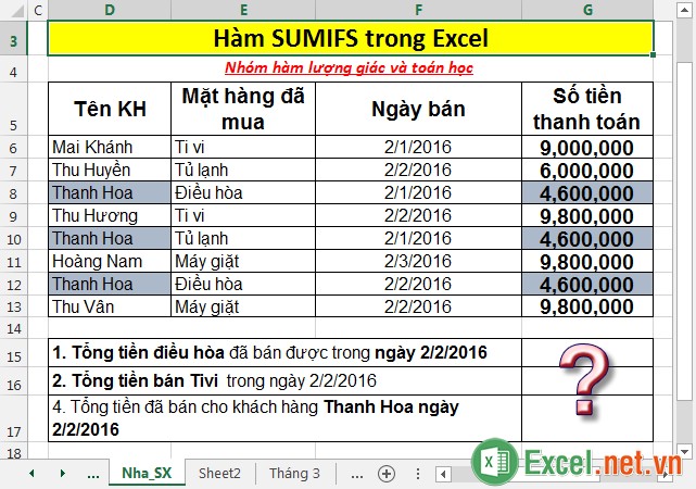 Hàm SUMIFS - Hàm tính tổng thỏa mãn nhiều điều kiện trong Excel
