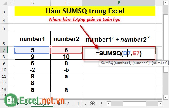 Hàm SUMSQ trong Excel 2