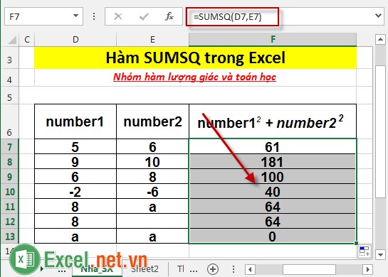Hàm SUMSQ trong Excel 4