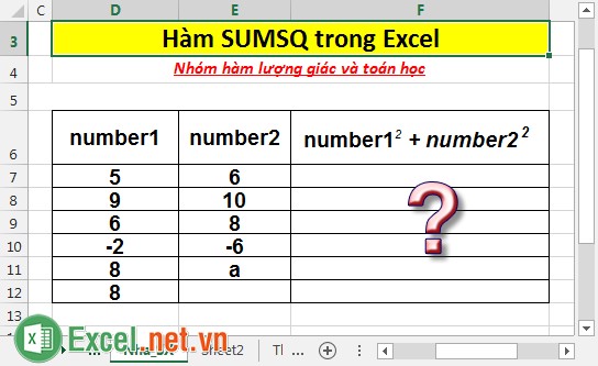 Hàm SUMSQ - Hàm trả về tổng của bình phương các đối số trong Excel
