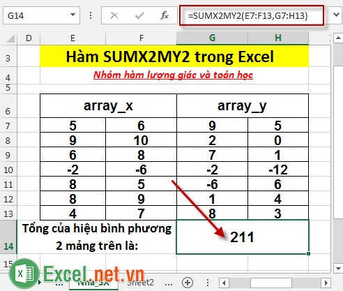Hàm SUMX2MY2 trong Excel 6