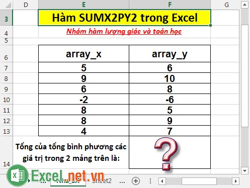 Hàm SUMX2PY2 - Hàm trả về tổng của tổng các bình phương của các giá trị tương ứng trong 2 mảng trong Excel