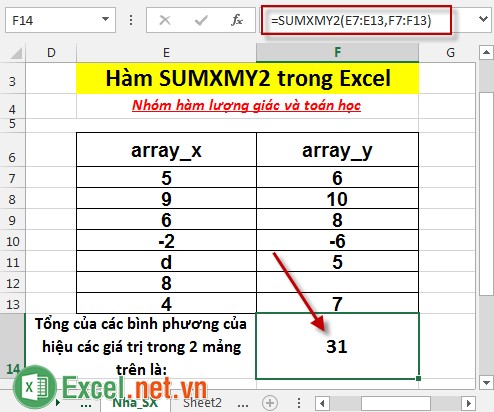 Hàm SUMXMY2 trong Excel 3