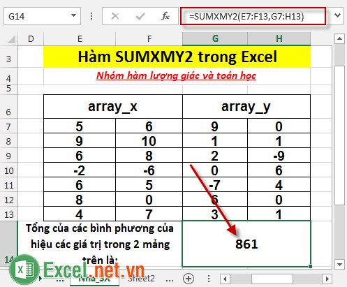 Hàm SUMXMY2 trong Excel 5