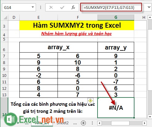 Hàm SUMXMY2 trong Excel 6