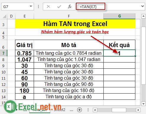 Hàm TAN trong Excel 2