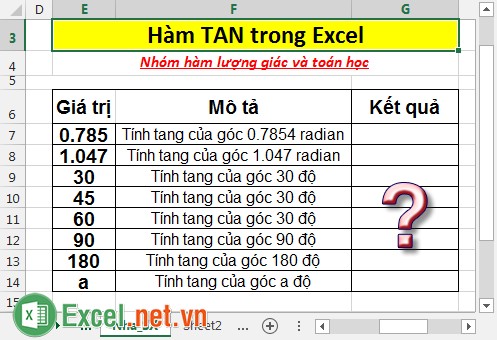 Hàm TAN - Hàm trả về tang của 1 góc đã cho trong Excel