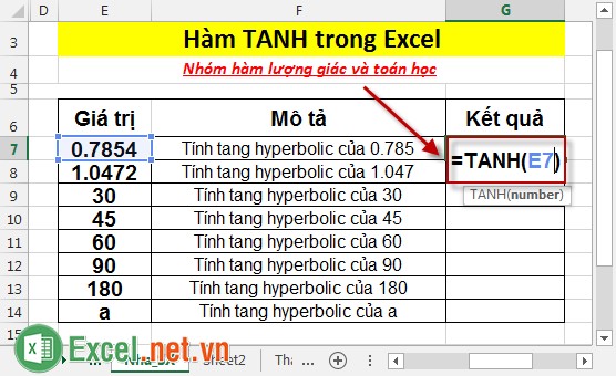 Hàm TANH trong Excel 2
