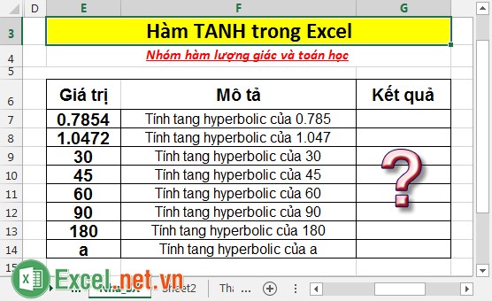 Hàm TANH - Hàm trả về tang hyperbolic của 1 số đã cho trong Excel