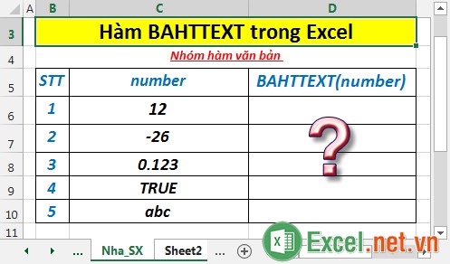 Hàm BAHTTEXT trong Excel
