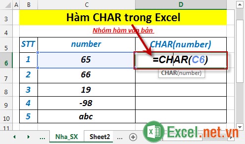 Hàm CHAR - Hàm trả về kí tự được xác đinh bằng số mã trong Excel