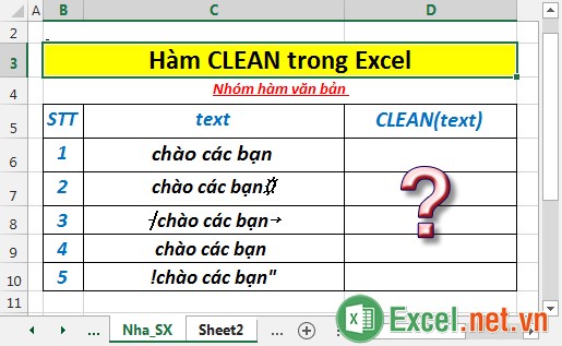 Hàm CLEAN - Hàm thực hiện loại bỏ các ký tự không in được khỏi văn bản trong Excel