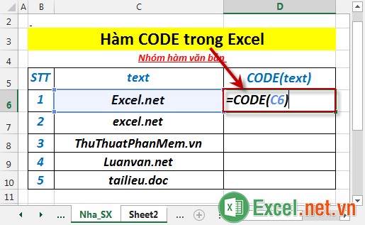 Hàm CODE trong Excel 2