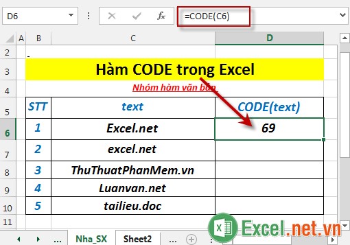 Hàm CODE trong Excel 3