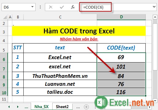 Hàm CODE trong Excel 5