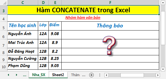 Hàm CONCATENATE - Hàm thực hiện nối hai hay nhiều chuỗi văn bản thành một chuỗi văn bản trong Excel
