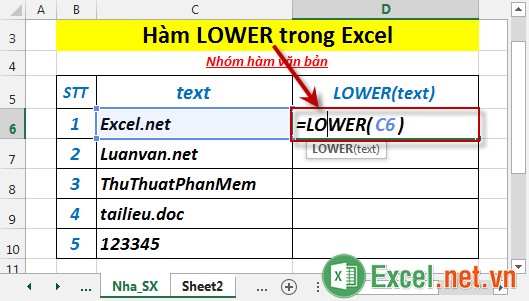 Hàm LOWER trong Excel 2