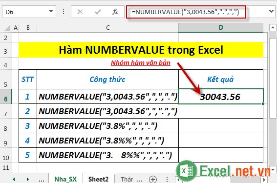 Hàm NUMBERVALUE trong Excel 3