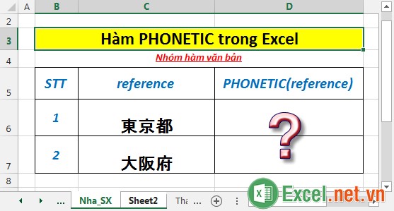 Hàm PHONETIC - Hàm thực hiện trích xuất các ký tự ngữ âm (furigana) từ một chuỗi văn bản tiếng Nhật trong Excel