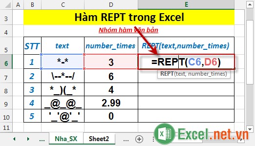 Hàm REPT trong Excel 2