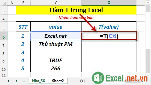 Hàm T trong Excel 2