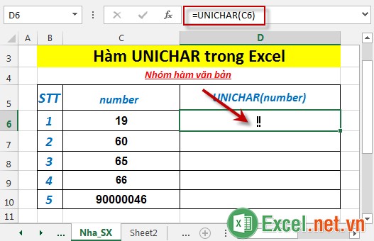 Hàm UNICHAR trong Excel 3