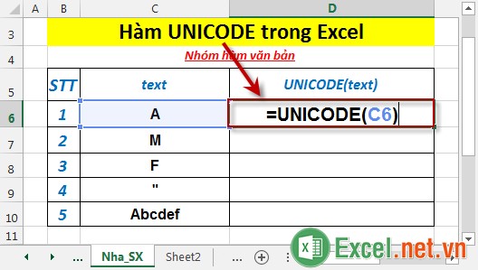 Hàm UNICODE trong Excel 2