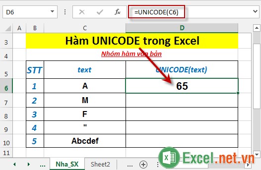 Hàm UNICODE trong Excel 3