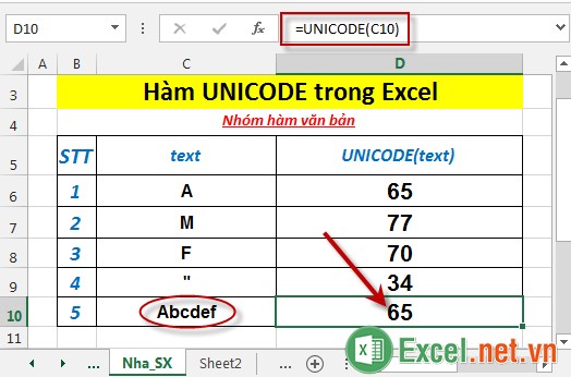 Hàm UNICODE trong Excel 5
